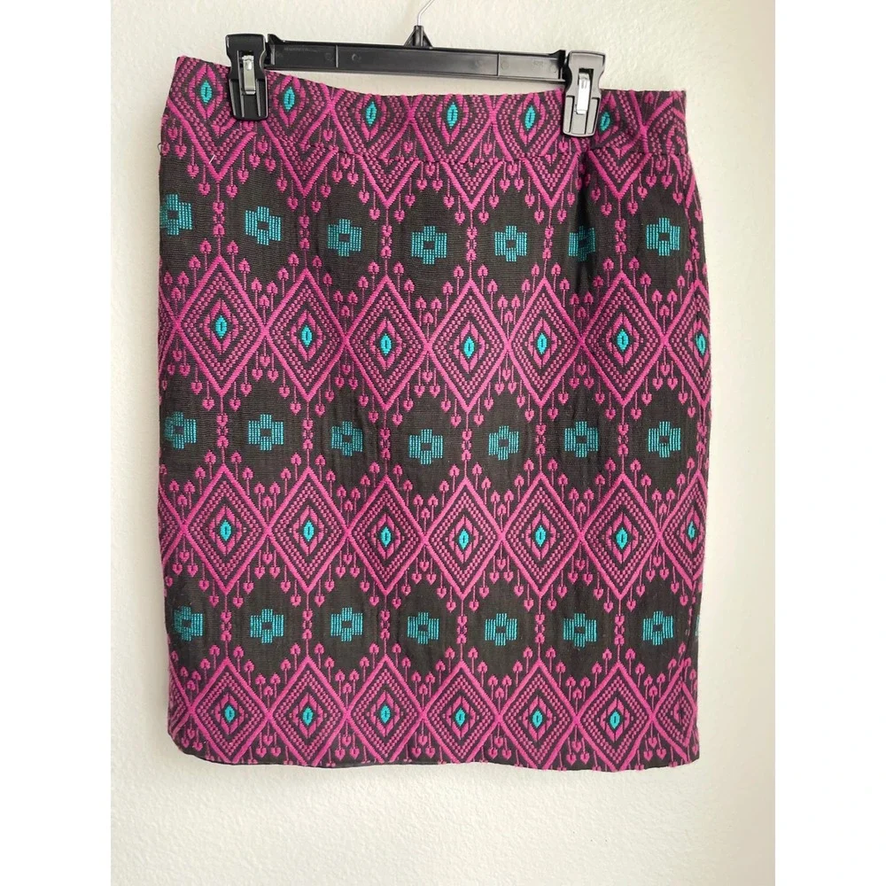 Ann Taylor Geometric Ikat Jacquard Pencil‎ Skirt Pink Teal Black Size 10